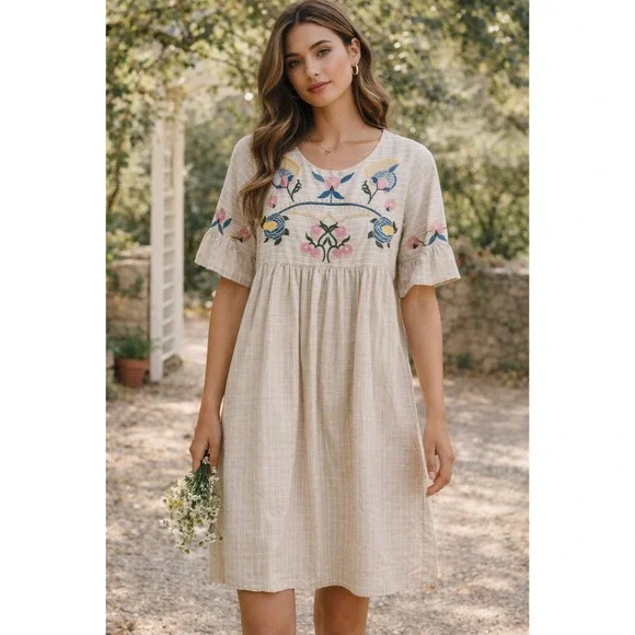 Tea N Rose Embroidered Floral Striped Babydoll Dress Tan White ID7099 Mens M - Picture 1 of 6